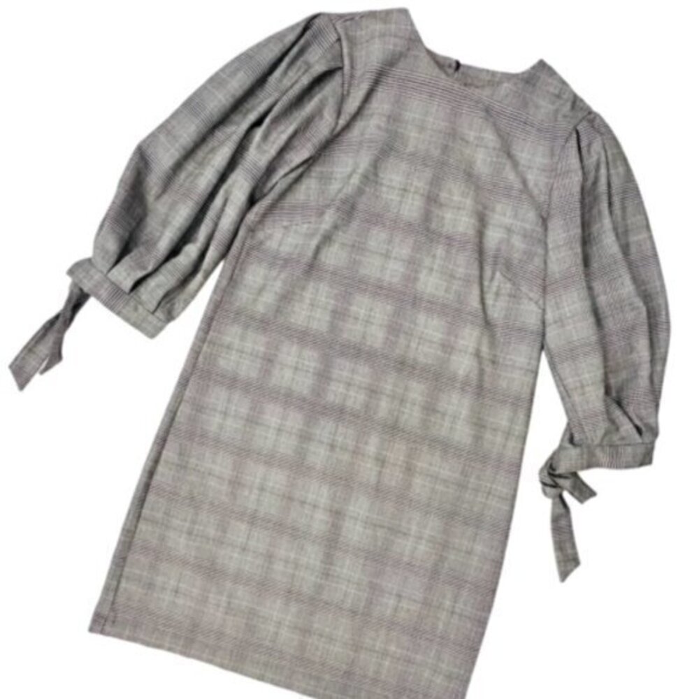 H&M Shift Dress Balloon Sleeve Tie Cuffs Black White Plaid Women's Size 4 Preppy